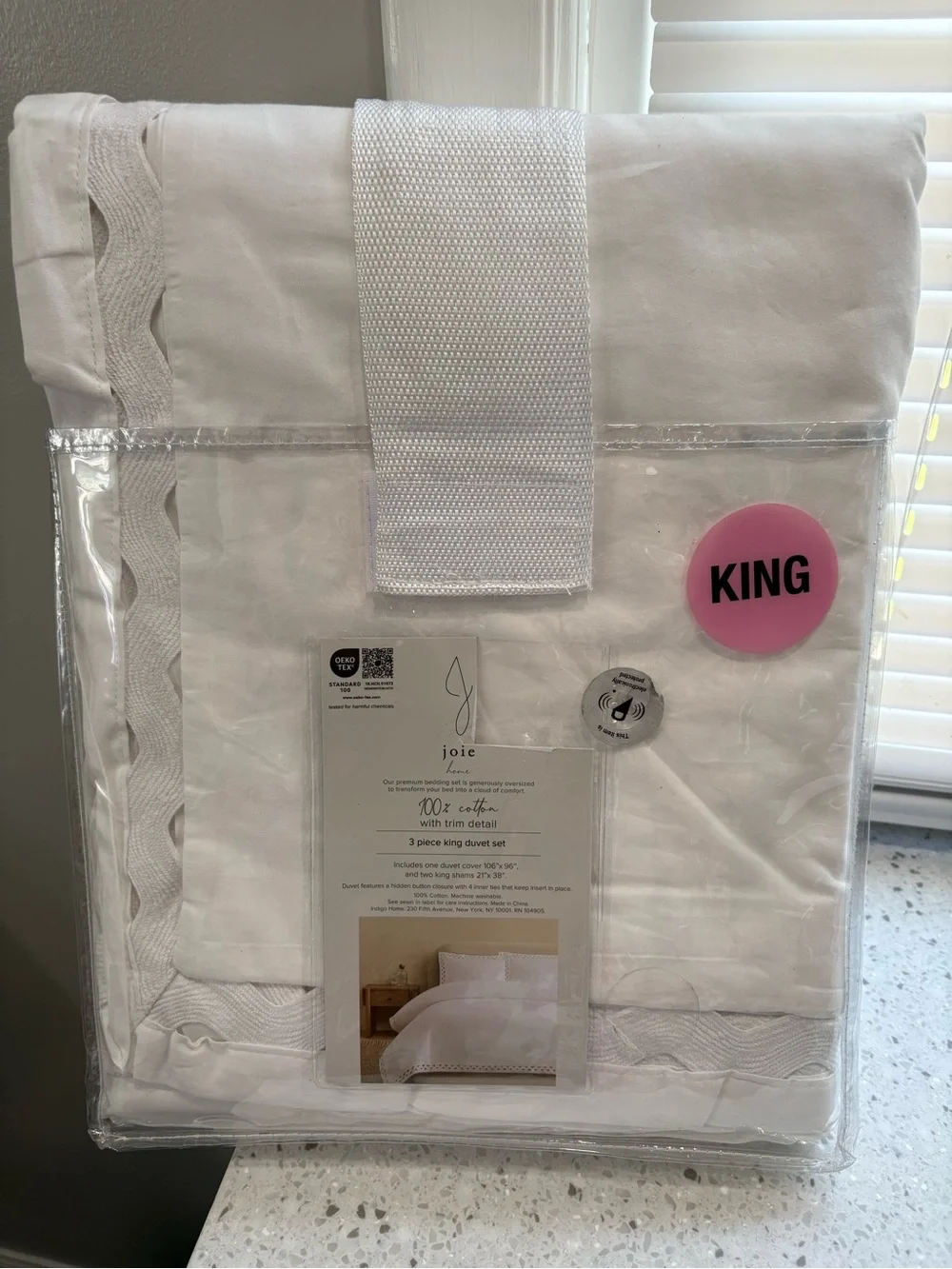 NEW Joie Home 3-piece King Duvet Set, white scalloped trim detail
